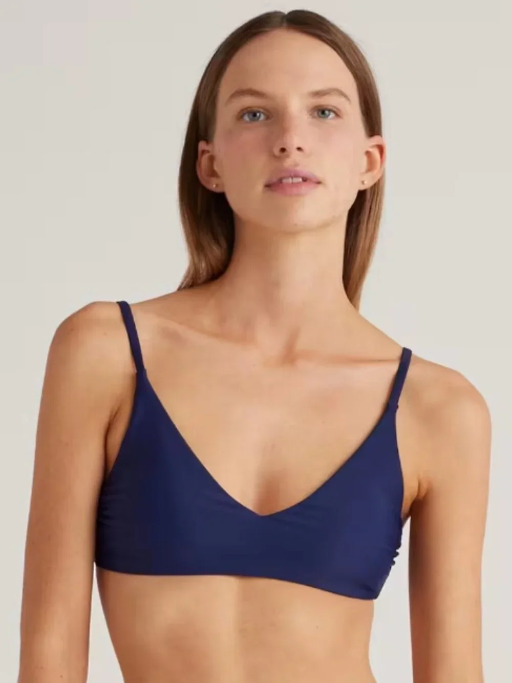 QUINCE Italian Bikini Set V-Neck Top/High Leg Hipster Bottom Navy Blue XS NWT